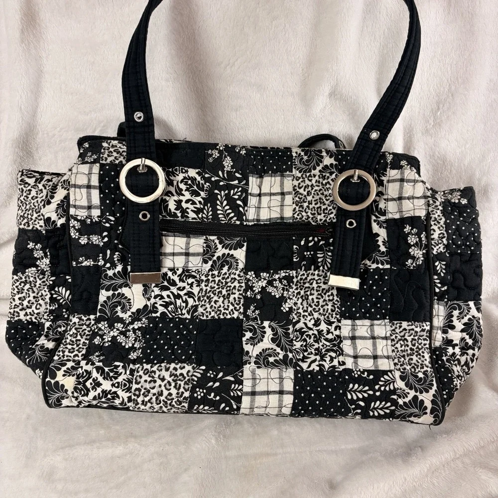 Donna Sharp Quilted Patchwork Handbag Black White Paisley Hot Pink‎ Lining Retro